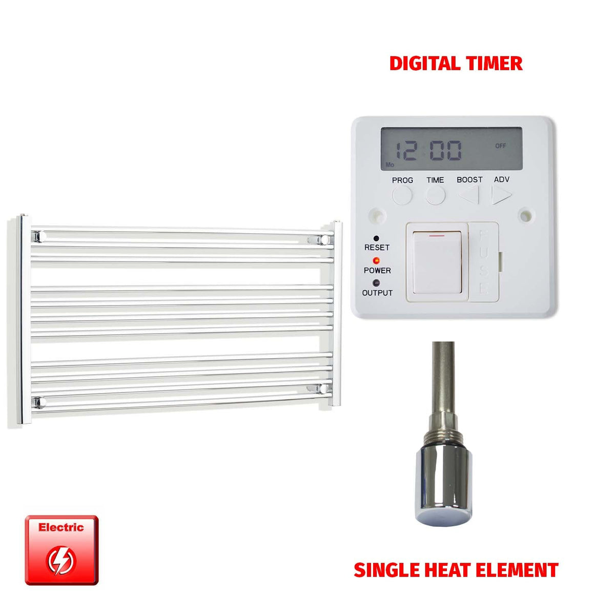 600 x 1200 Pre-Filled Electric Heated Towel Radiator Straight Chrome Single heat element Digital timer