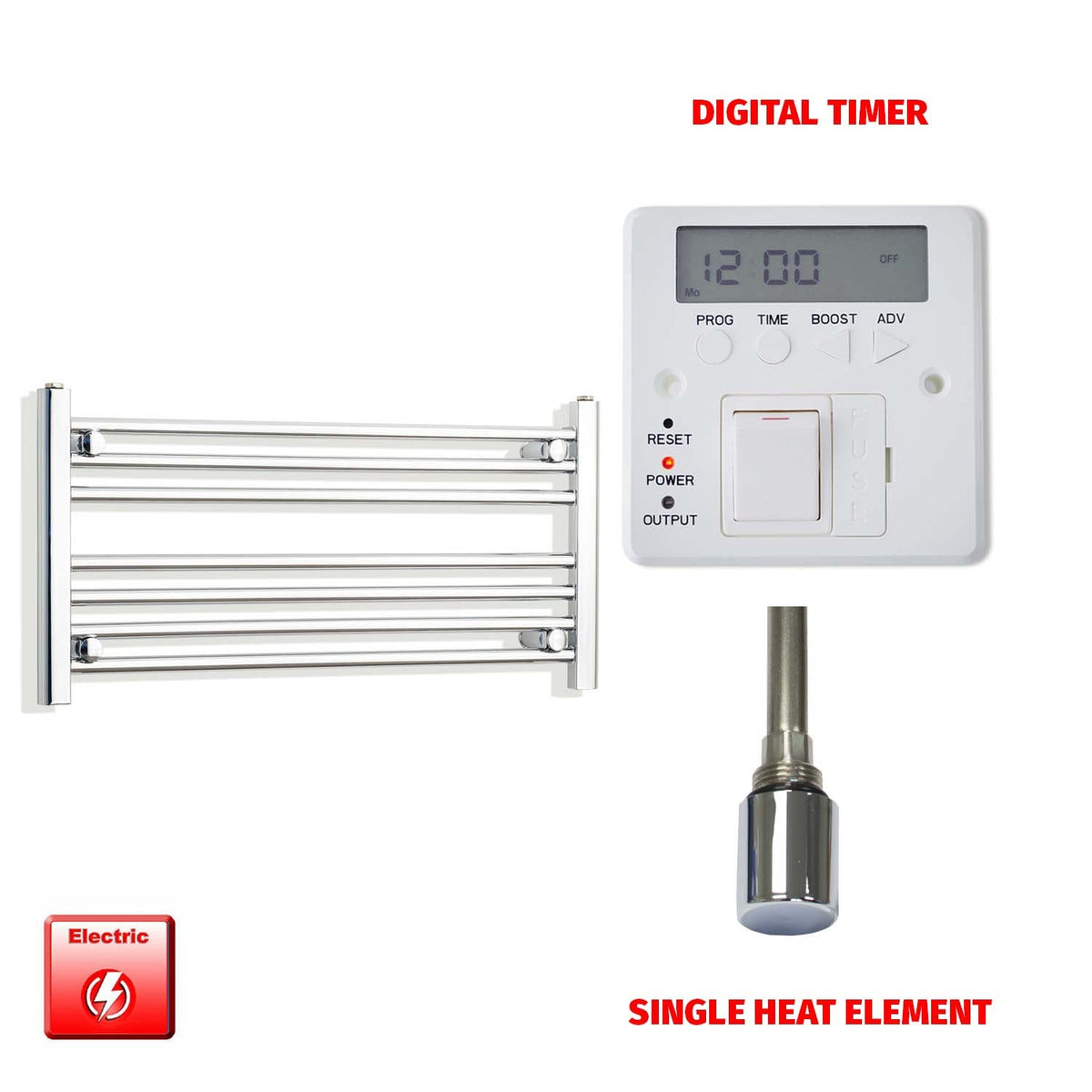 400 x 800 Pre-Filled Electric Heated Towel Radiator Straight Chrome Single heat element Digital timer