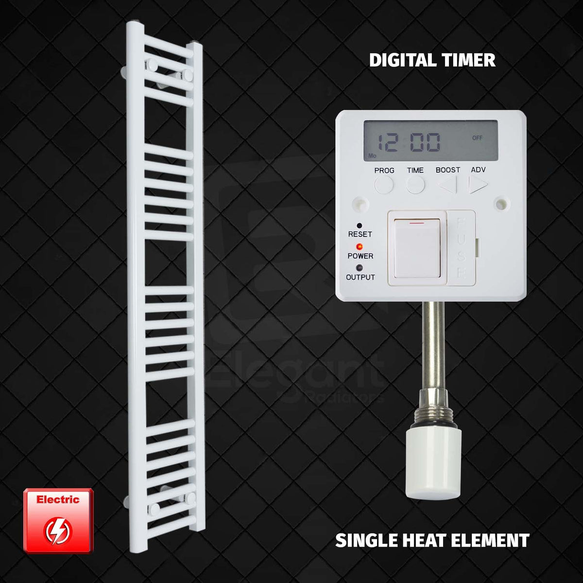 1200 mm High 200 mm Wide Pre-Filled Electric Heated Towel Rail Radiator White HTR Digital Timer Single Heat Element