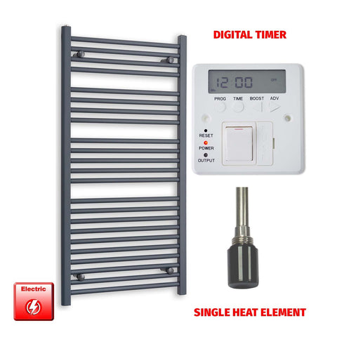 1200mm High 600mm Wide Flat Anthracite Pre-Filled Electric Heated Towel Rail Radiator HTR Single heat element Digital timer