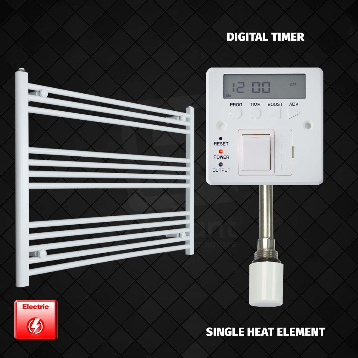 700 mm High 1000 mm Wide Pre-Filled Electric Heated Towel Rail Radiator White HTR Single heat element Digital timer