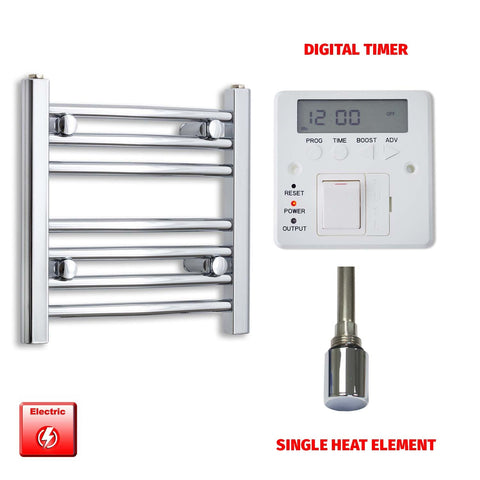 400 x 500mm Pre-Filled Electric Heated Towel Radiator Straight or Curved Chrome Single heat element Digital timer