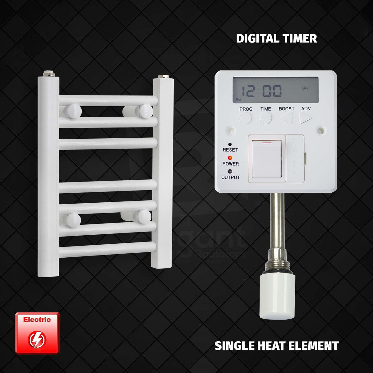 400 x 300 Pre-Filled Electric Heated Towel Radiator White  Single Heat Element Digital Timer