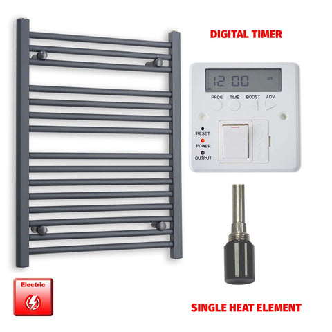 800mm High 600mm Wide Flat Anthracite Pre-Filled Electric Heated Towel Rail Radiator HTR Single heat element Digital timer