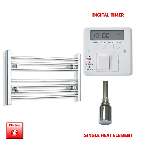 400mm High 700mm Wide Pre-Filled Electric Heated Towel Radiator Curved or Straight Chrome Single heat element Digital timer