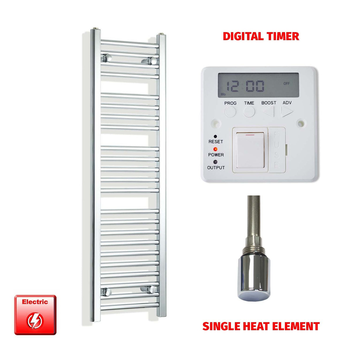 1200mm High 300mm Wide Pre-Filled Electric Heated Towel Rail Radiator Straight Chrome Single Element Digital Timer