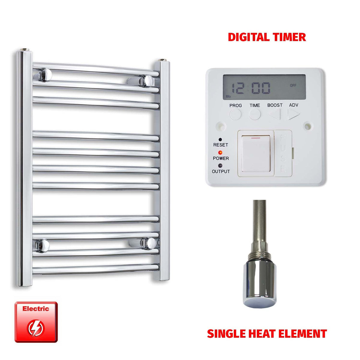 600mm High 400mm Wide Pre-Filled Electric Heated Towel Radiator Straight Chrome Single heat element Digital timer