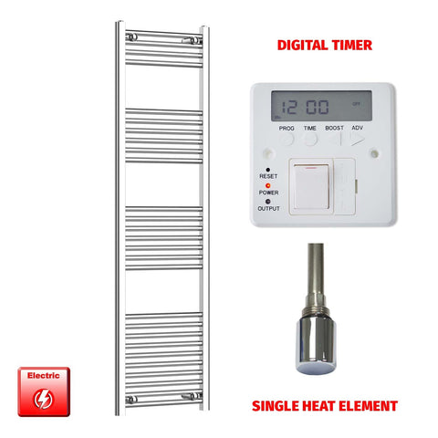 1600 x 450 Pre-Filled Electric Heated Towel Radiator Straight Chrome Single heat element Digital timer