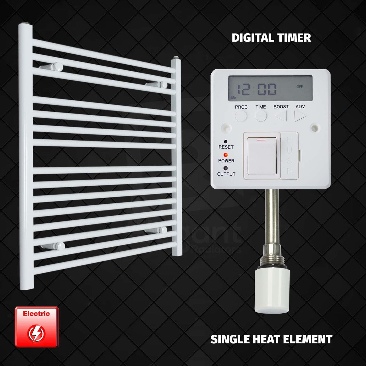 800 x 800 Pre-Filled Electric Heated Towel Radiator White HTR Single heat element Digital timer