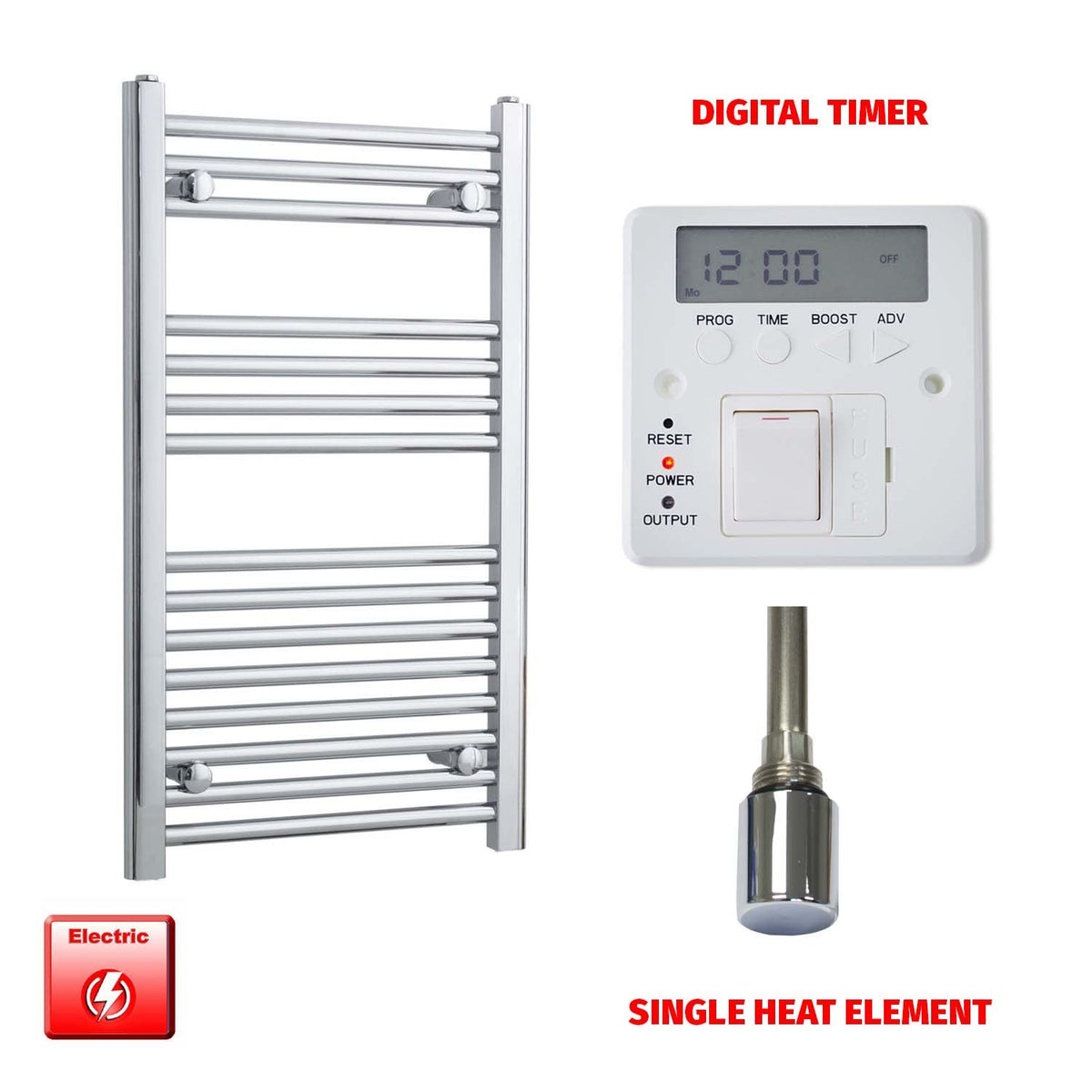 800mm High 450mm Wide Pre-Filled Electric Heated Towel Radiator Straight Chrome Single heat element Digital timer