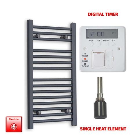 800mm High 400mm Wide Flat Anthracite Pre-Filled Electric Heated Towel Radiator HTR Single heat element Digital timer