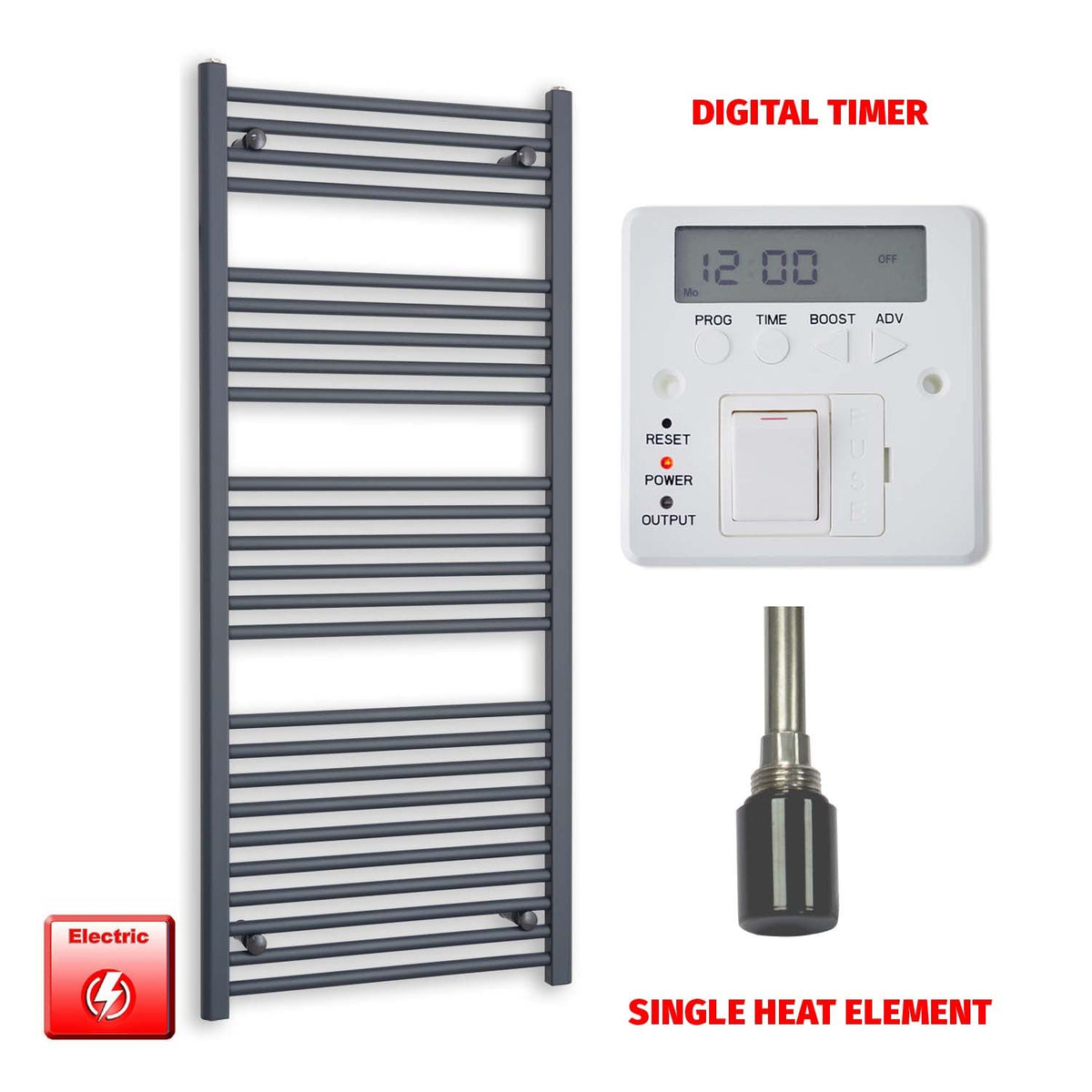 1400 x 600 Flat Anthracite Pre-Filled Electric Heated Towel Radiator HTR  Single heat element Digital timer