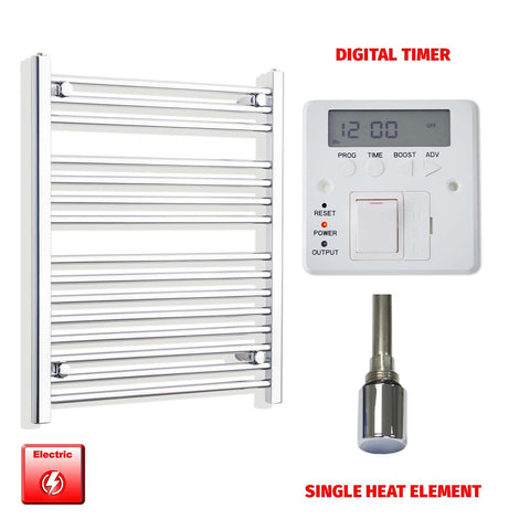 800mm High 550mm Wide Pre-Filled Electric Heated Towel Radiator Straight Chrome Single heat element Digital timer