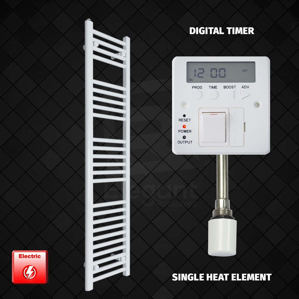 1400mm High 400mm Wide Pre-Filled Electric Heated Towel Radiator White HTR Single Digital Timer
