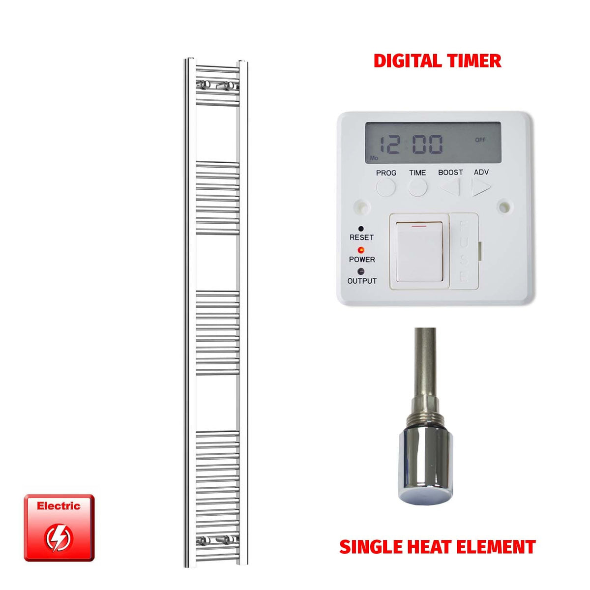 1200mm High 250mm Wide Pre-Filled Electric Heated Towel Rail Radiator Straight Chrome Single Digital Timer
