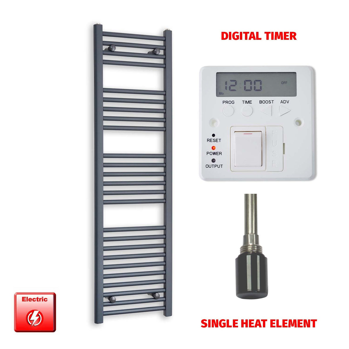 1400mm High 400mm Wide Flat Anthracite Pre-Filled Electric Heated Towel Radiator Single heat element Digital timer