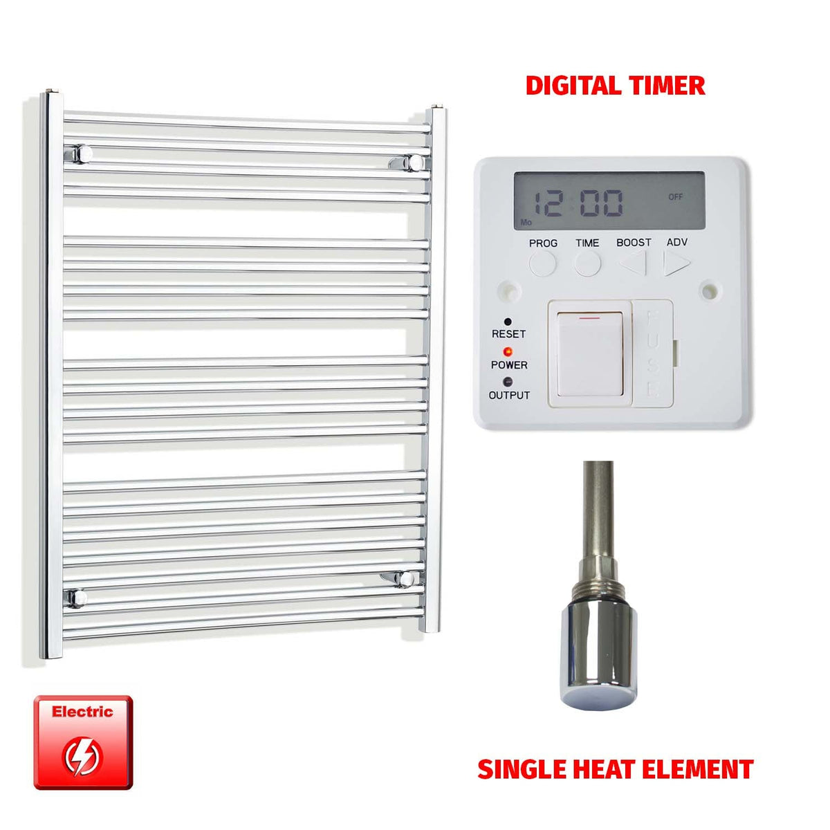 1000 x 750 Pre-Filled Electric Heated Towel Radiator Curved or Straight Chrome Single heat element Digital timer