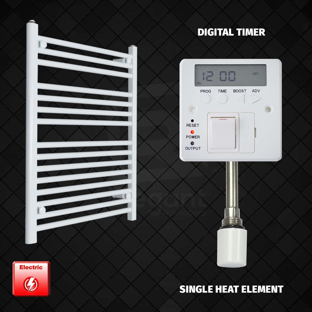 800 mm High 700 mm Wide Pre-Filled Electric Heated Towel Radiator White HTR Digital Timer Single Heat Element