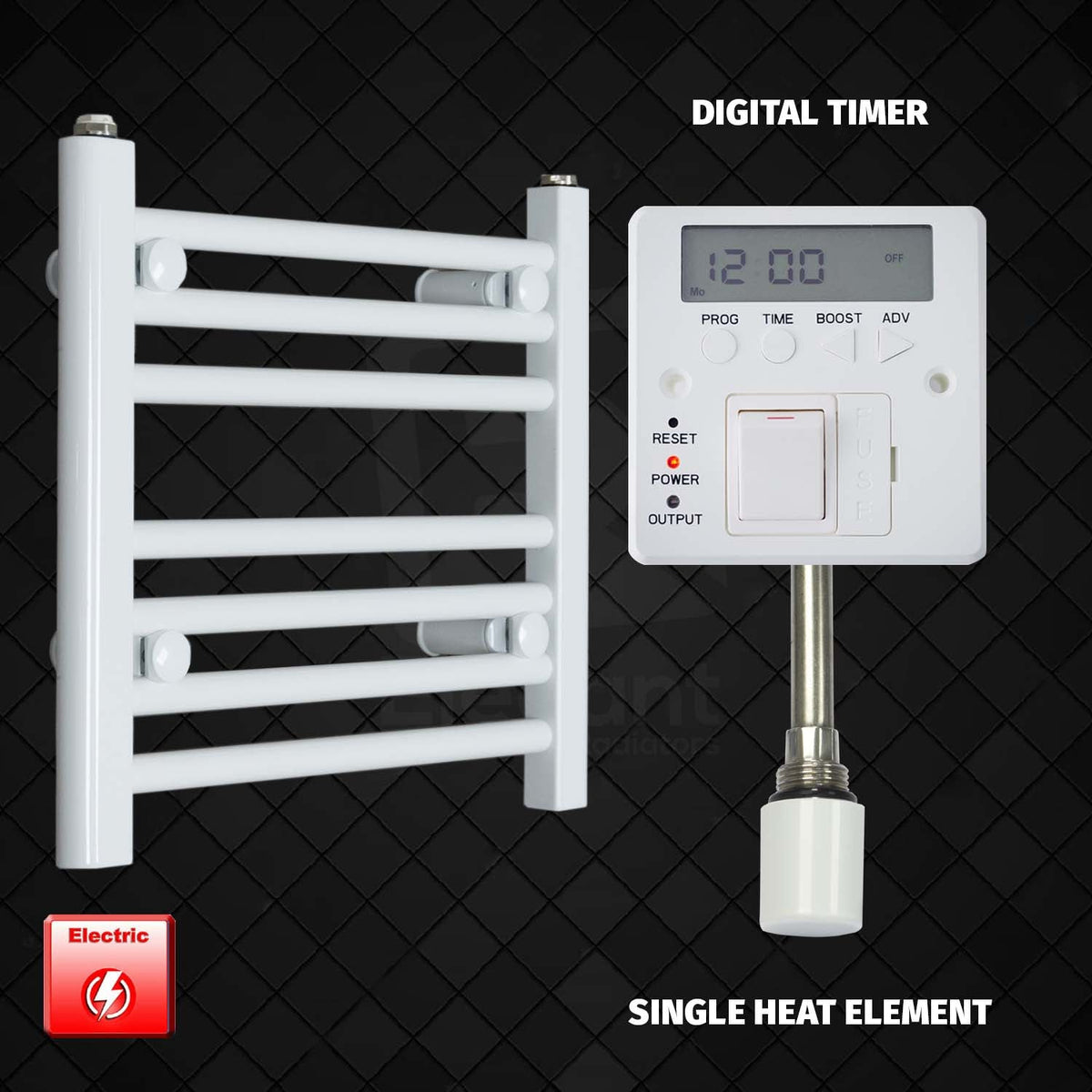 400 x 400 Pre-Filled Electric Heated Towel Radiator White HTR Single Heat Element With Digital Timer