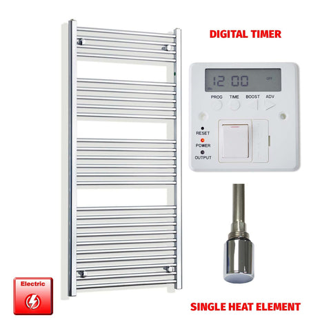 1400mm High 550mm Wide Pre-Filled Electric Heated Towel Radiator Straight Chrome Single heat element Digital timer