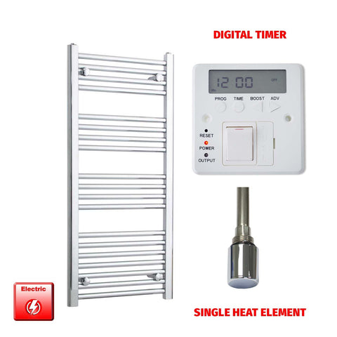 1000mm High 450mm Wide Pre-Filled Electric Heated Towel Radiator Straight Chrome Single heat element Digital timer