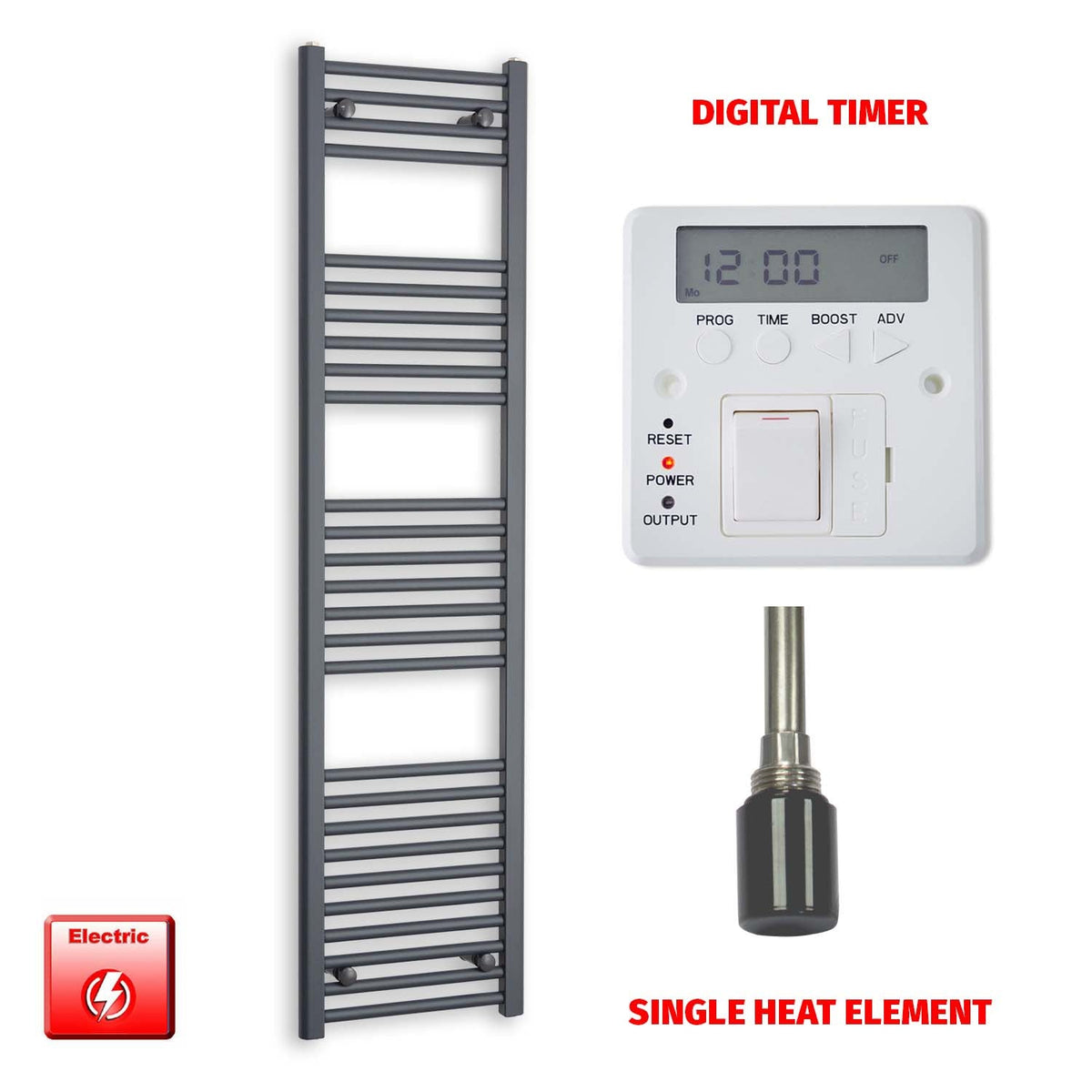 1600mm High 400mm Wide Flat Anthracite Pre-Filled Electric Heated Towel Radiator HTR Single heat element Digital timer