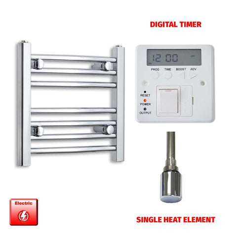 400mm High 400mm Wide Pre-Filled Electric Heated Towel Radiator Straight Chrome Single heat element Digital timer