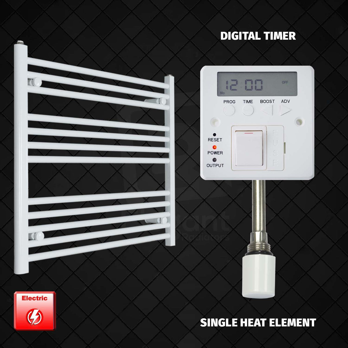 700 mm High x 900 mm Wide Pre-Filled Electric Towel Rail White HTR Single heat element Digital timer