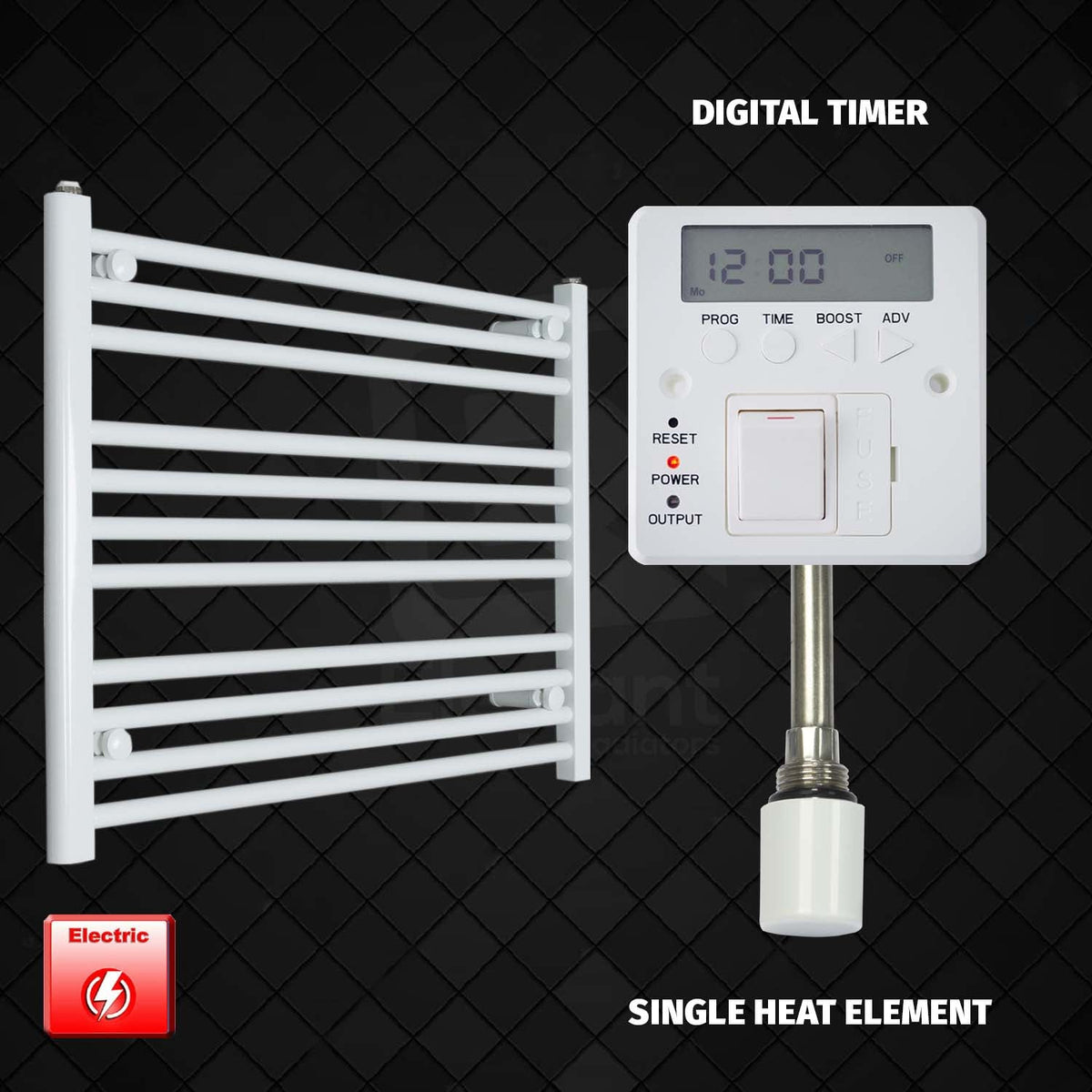 600 x 800 Pre-Filled Electric Heated Towel Radiator White HTR Single heat element Digital timer