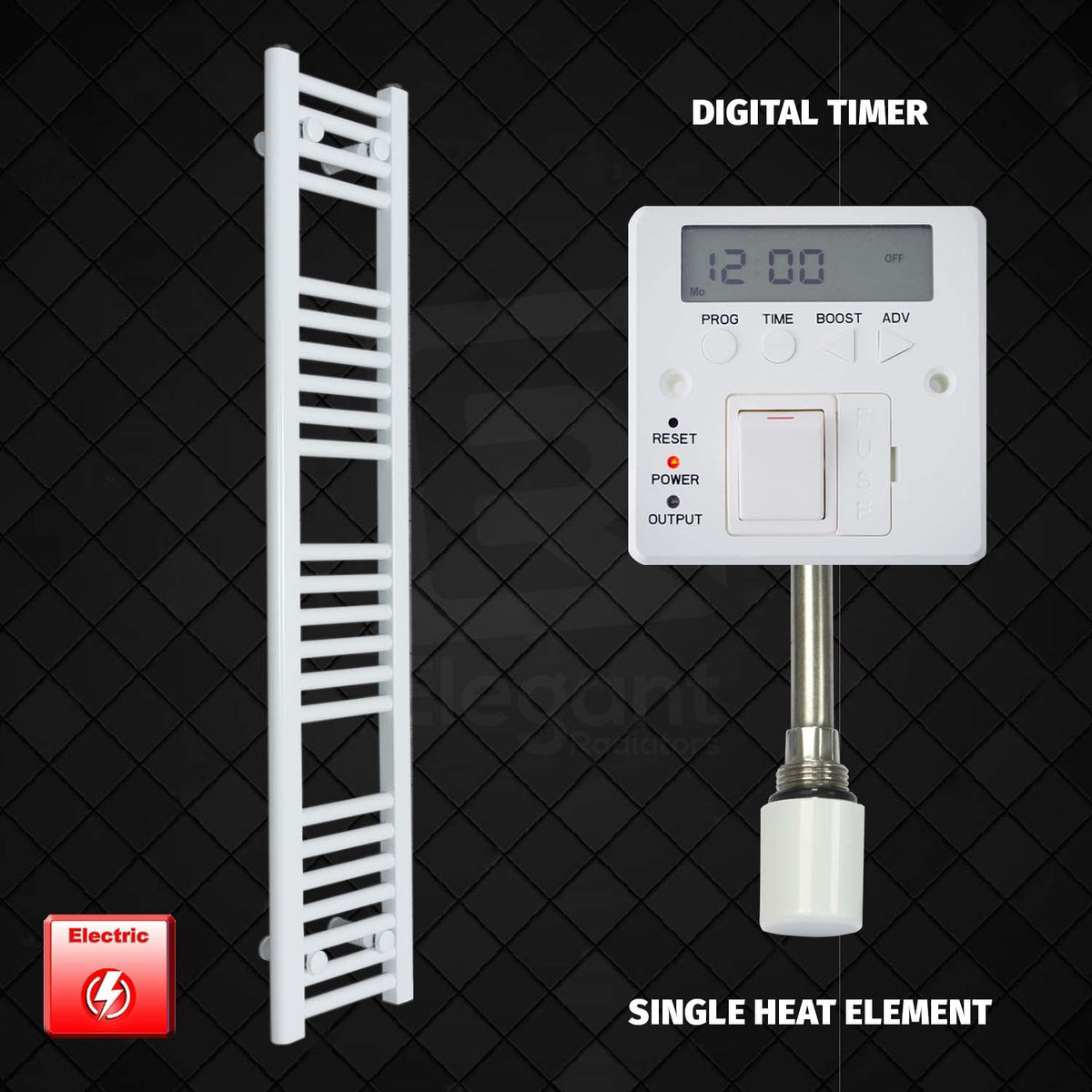 1200 x 250 Pre-Filled Electric Heated Towel Radiator White Single Heat Element Digital Timer
