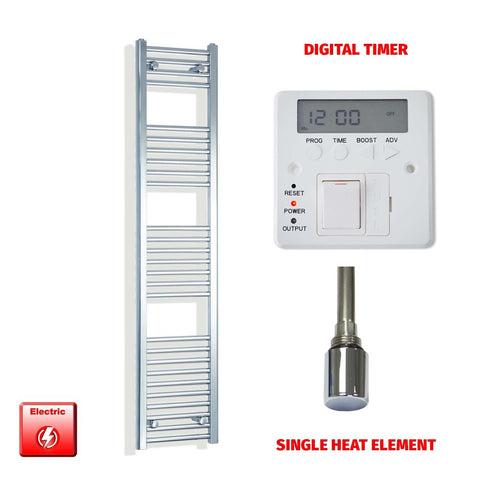 1600mm High 300mm Wide Pre-Filled Electric Heated Towel Radiator Straight Chrome Single Element Digital Timer