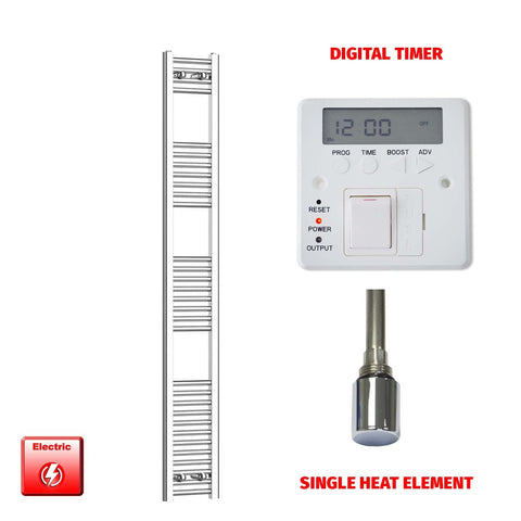 1800 x 200 Pre-Filled Electric Heated Towel Radiator Straight Chrome single heat element digital timer