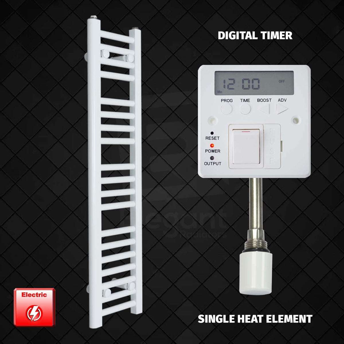 1000 mm High 200 mm Wide Pre-Filled Electric Towel Rail White HTR Single Heat Element Digital Timer