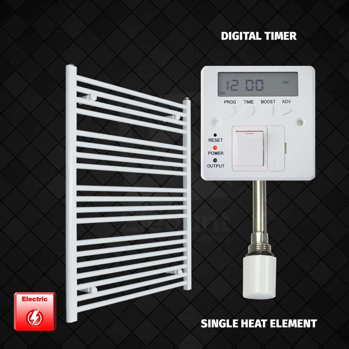 1000 mm High 800 mm Wide Pre-Filled Electric Heated Towel Rail Radiator White HTR Single heat element Digital timer