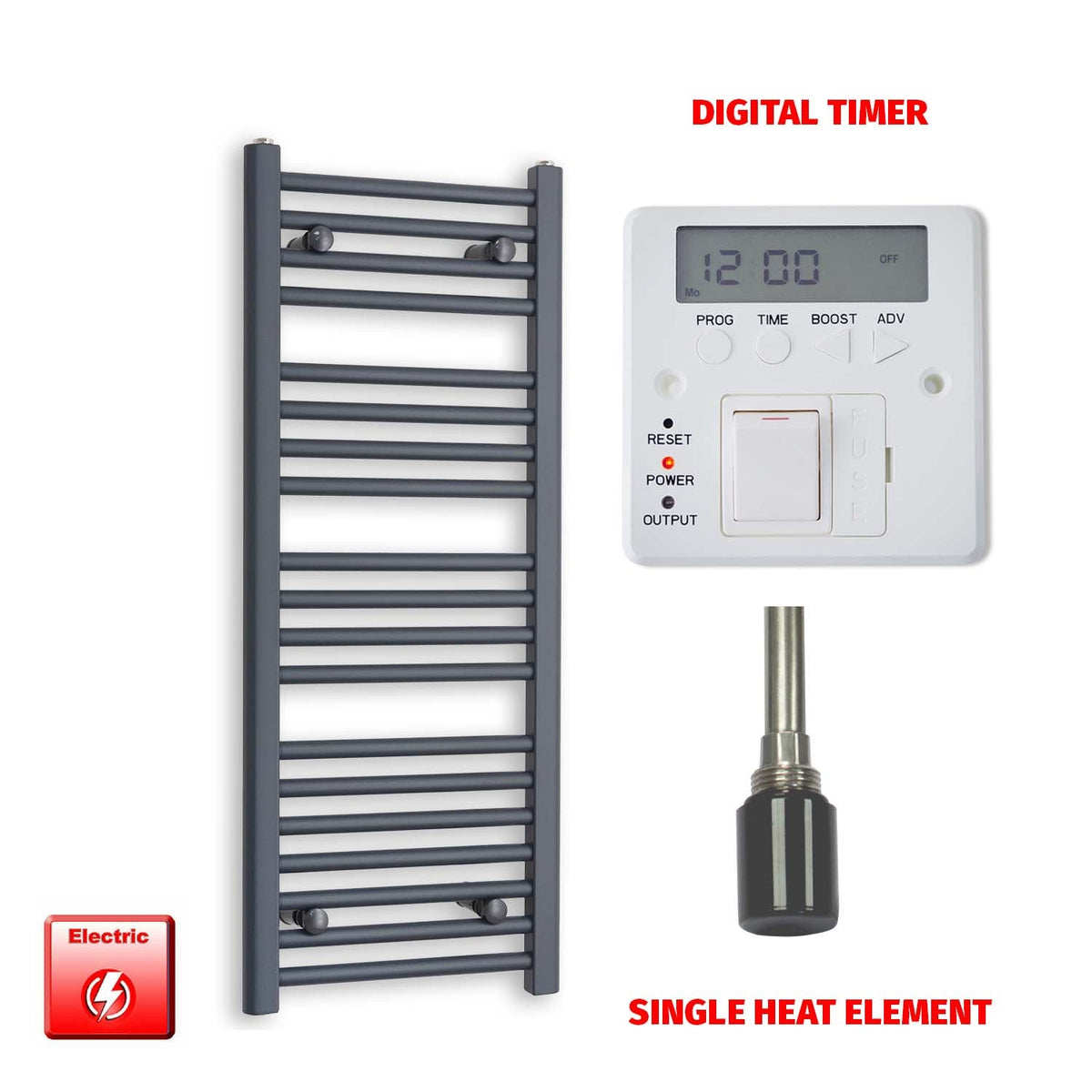 1000 x 400 Flat Anthracite Pre-Filled Electric Heated Towel Radiator HTR Single heat element Digital timer