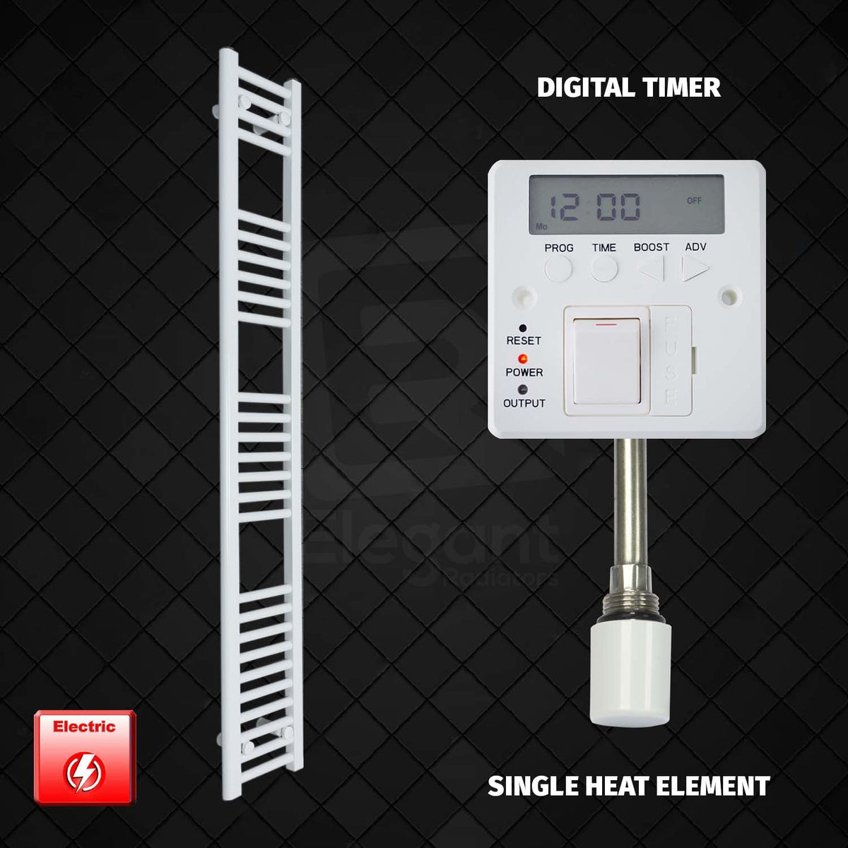 1600 x 200 Pre-Filled Electric Heated Towel Radiator White Single Heat Element Digital Timer