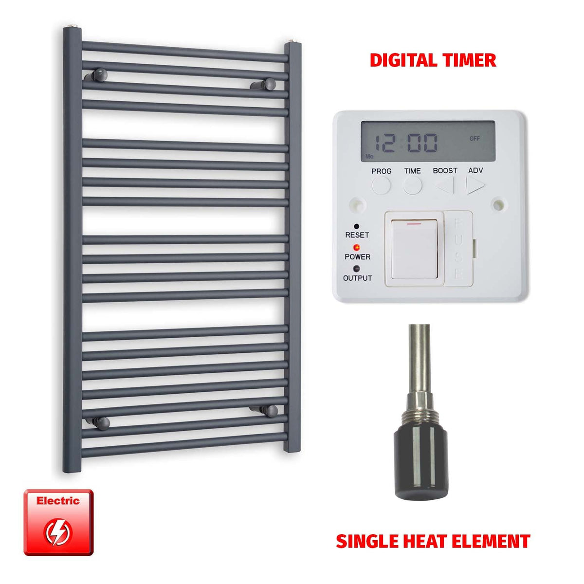 1000mm High 600mm Wide Flat Anthracite Pre-Filled Electric Heated Towel Rail Radiator HTR Single heat element Digital timer