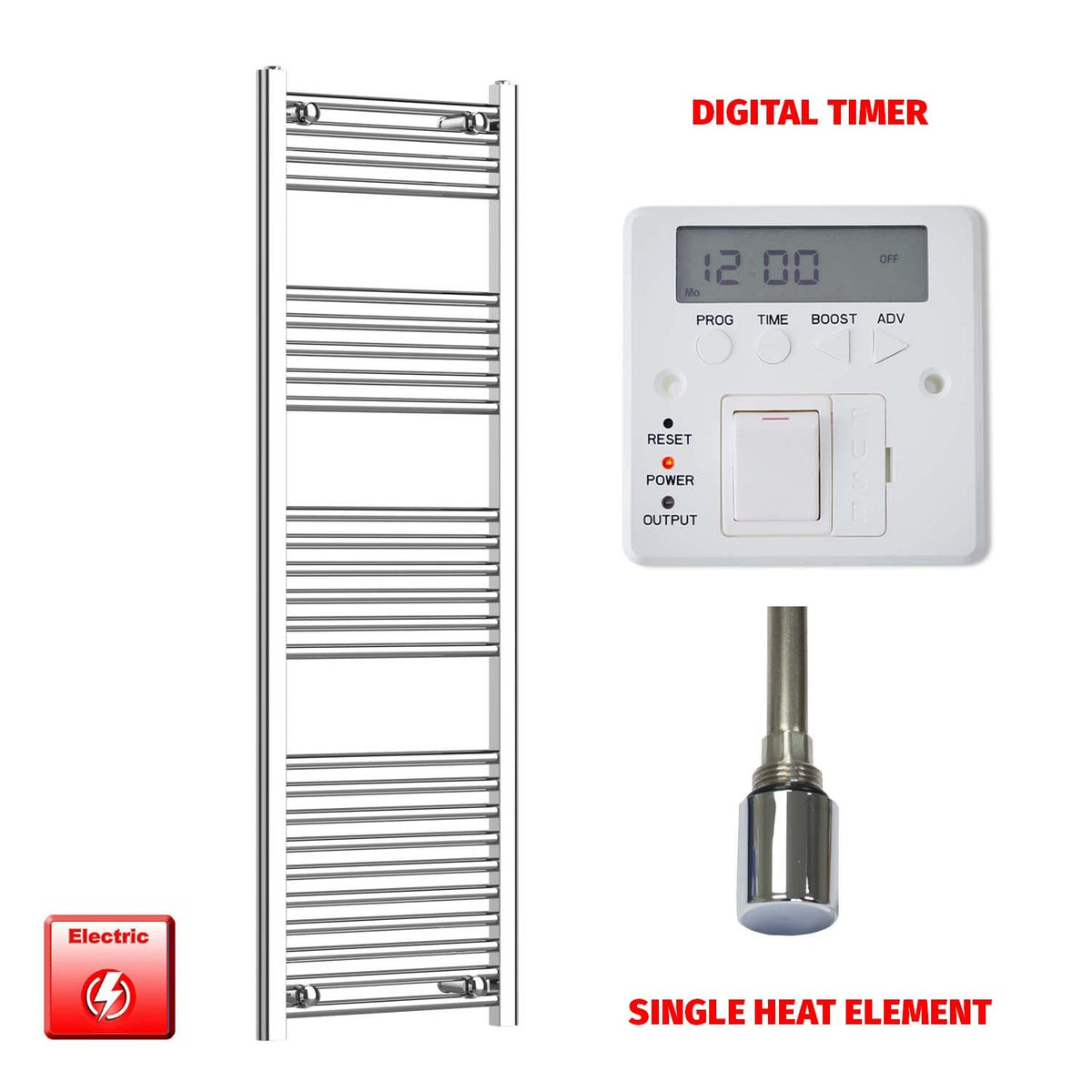 1400mm High 450mm Wide Pre-Filled Electric Heated Towel Radiator Straight Chrome Single heat element Digital timer