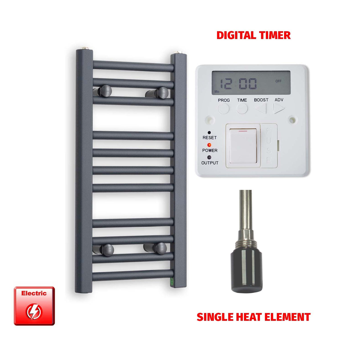 600 x 300 Flat Anthracite Pre-Filled Electric Heated Towel Radiator HTR Single heat element Digital timer