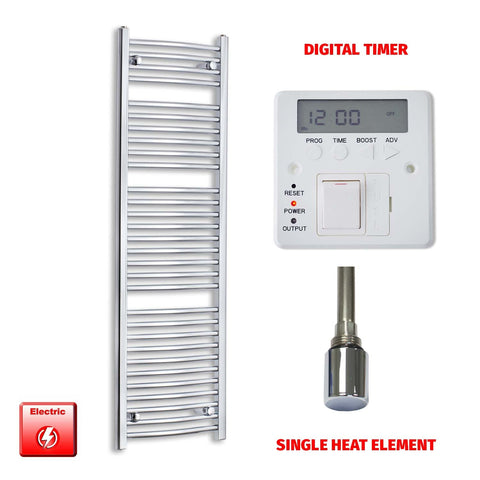1500mm High 450mm Wide Pre-Filled Electric Heated Towel Radiator Straight or Curved Chrome Single heat element Digital timer