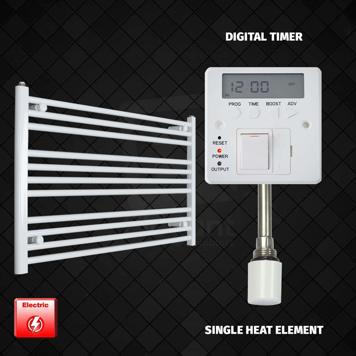 600 mm High 1100 mm Wide Pre-Filled Electric Heated Towel Rail Radiator White HTR Single heat element Digital timer