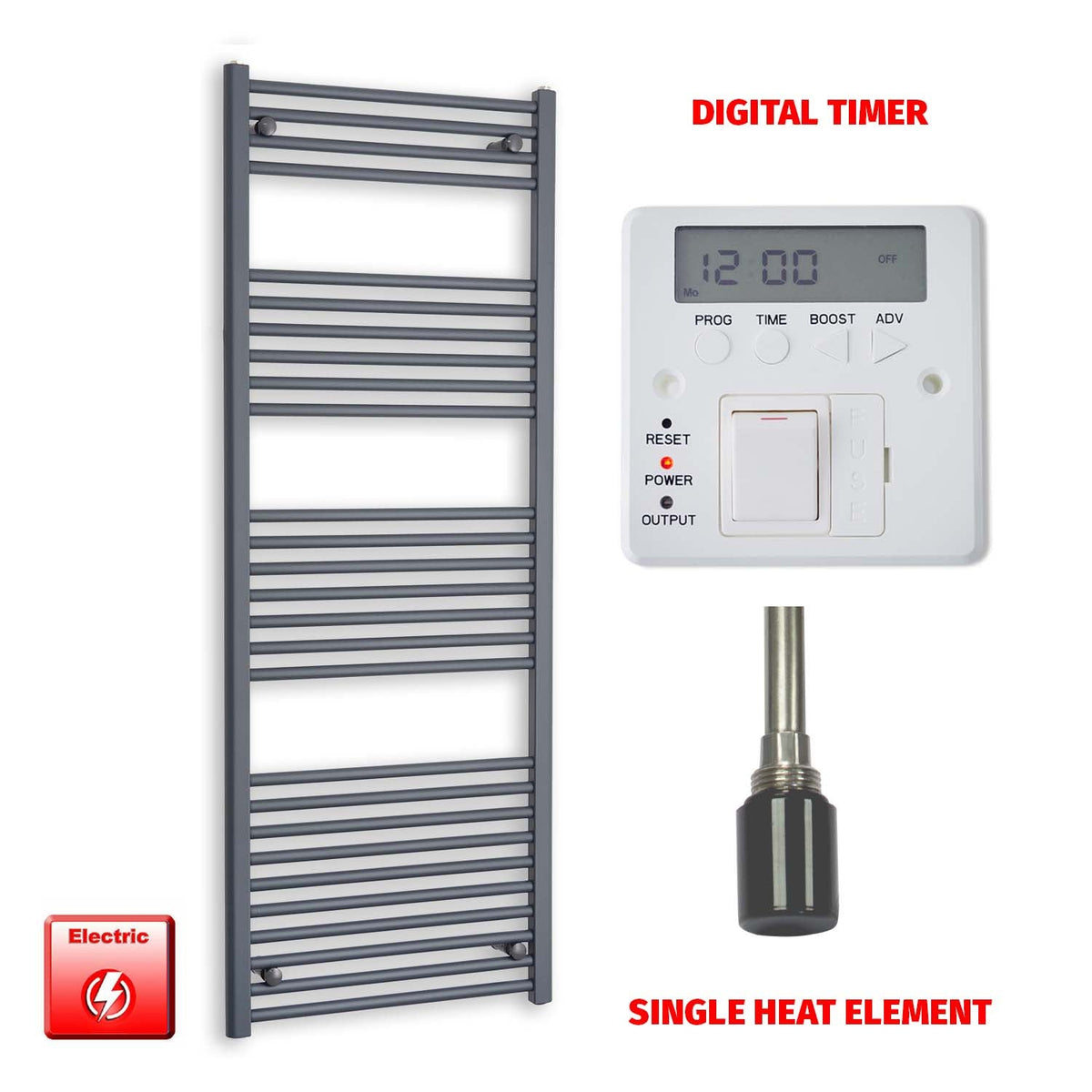 1600mm High 600mm Wide Flat Anthracite Pre-Filled Electric Heated Towel Rail Radiator HTR Single heat element Digital timer