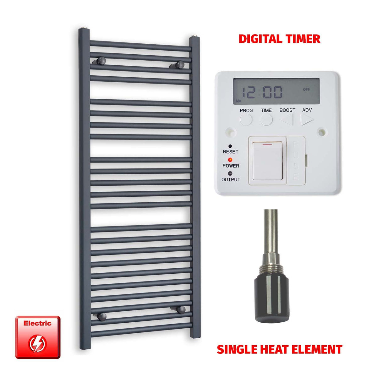 1200mm High 500mm Wide Flat Anthracite Pre-Filled Electric Heated Towel Rail Radiator HTR Single heat element Digital timer