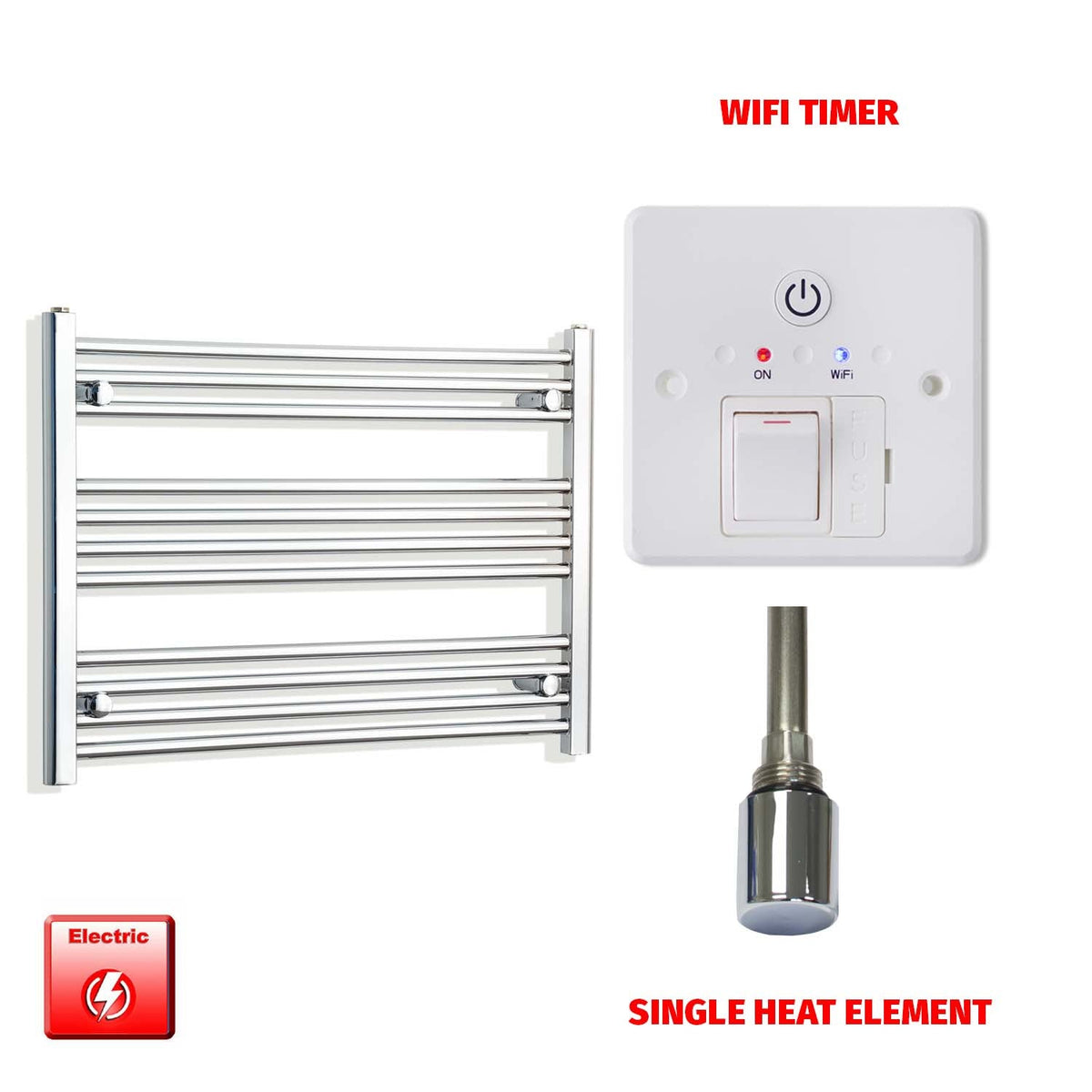 600 x 750 Pre-Filled Electric Heated Towel Radiator Curved or Straight Chrome Single heat element Wifi timer