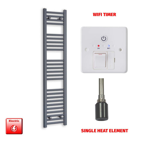 1400mm High 300mm Wide Flat Anthracite Pre-Filled Electric Heated Towel Rail Radiator HTR Single heat element Wifi timer
