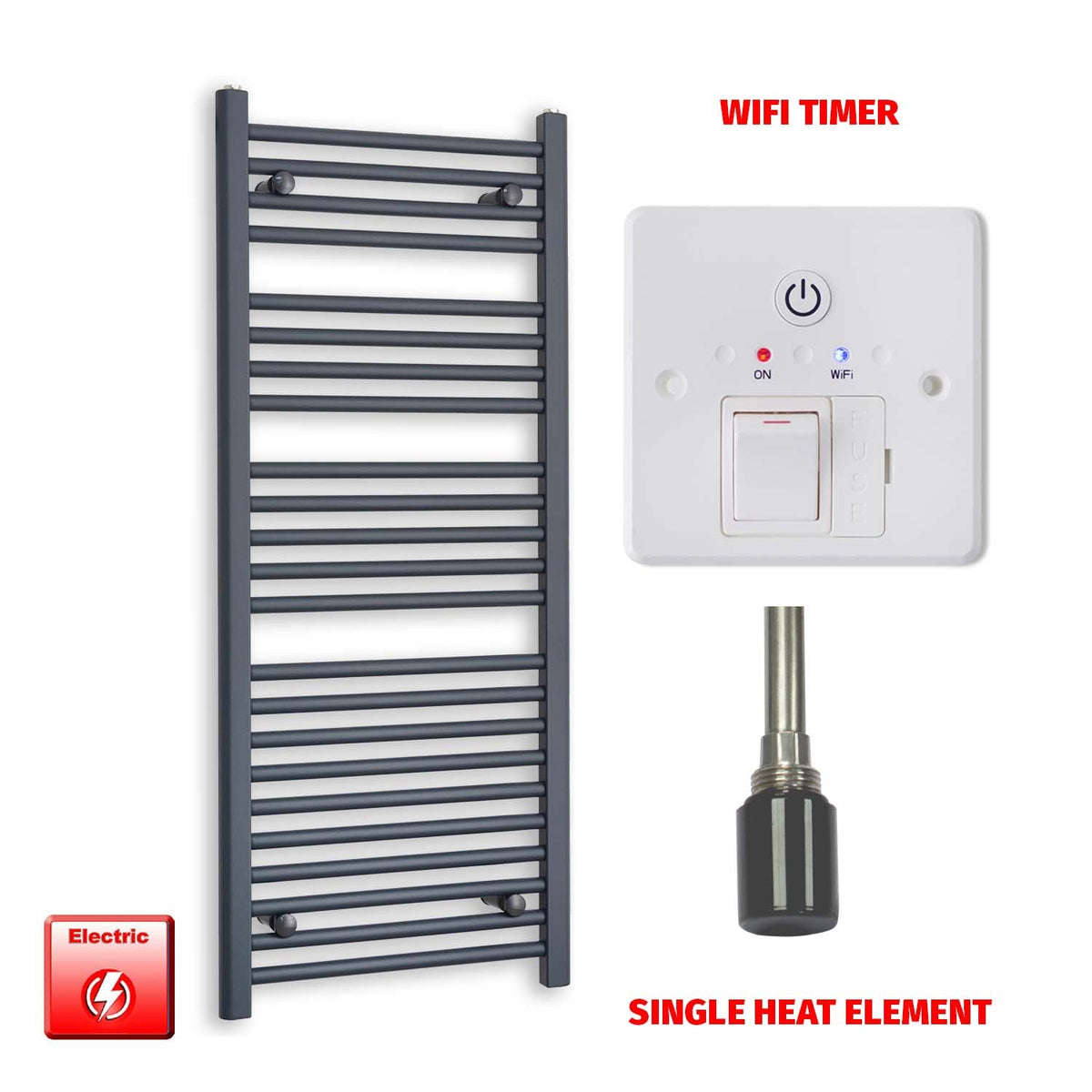 1200mm High 500mm Wide Flat Anthracite Pre-Filled Electric Heated Towel Rail Radiator HTR Single heat element Wifi timer