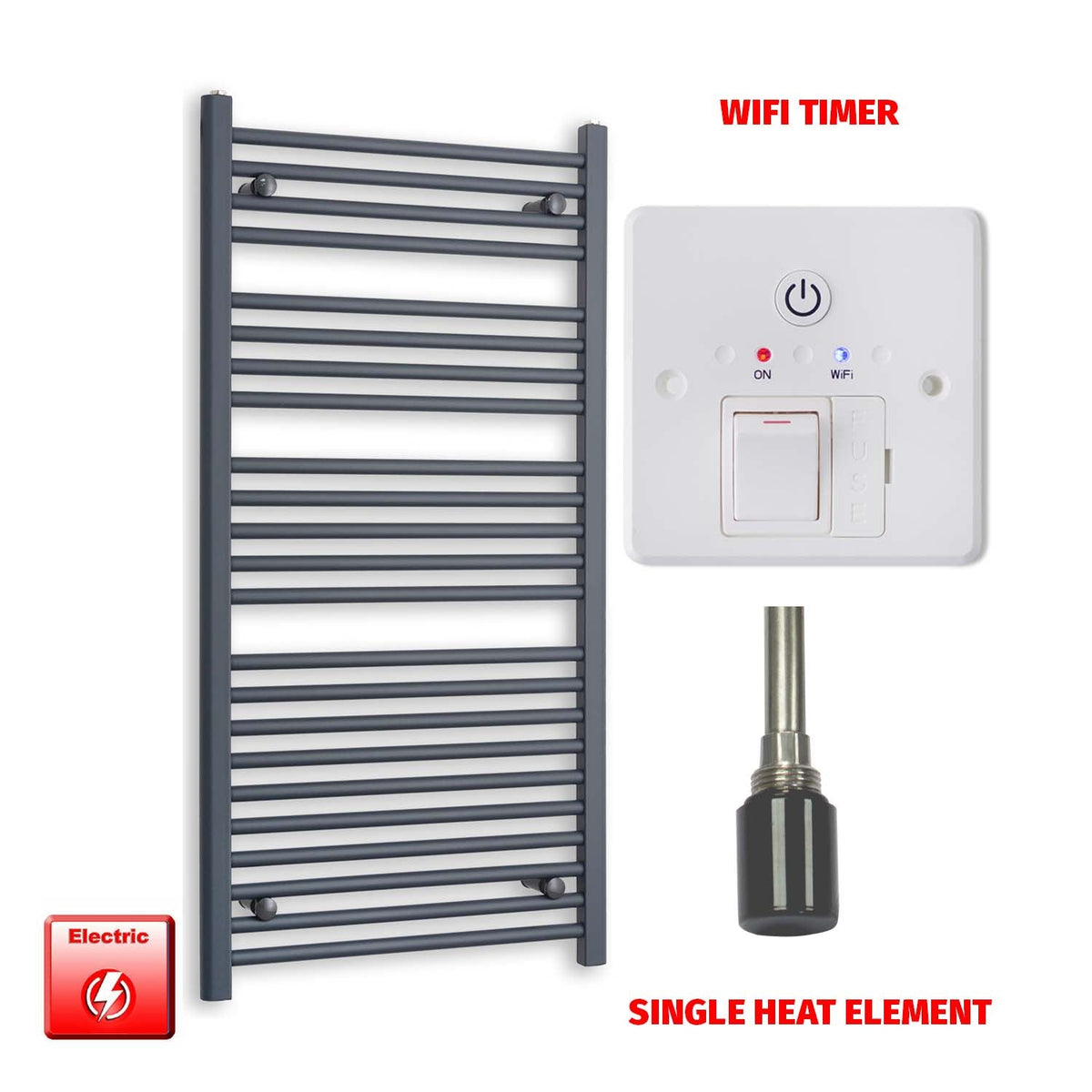 1200mm High 600mm Wide Flat Anthracite Pre-Filled Electric Heated Towel Rail Radiator HTR Single heat element Wifi timer