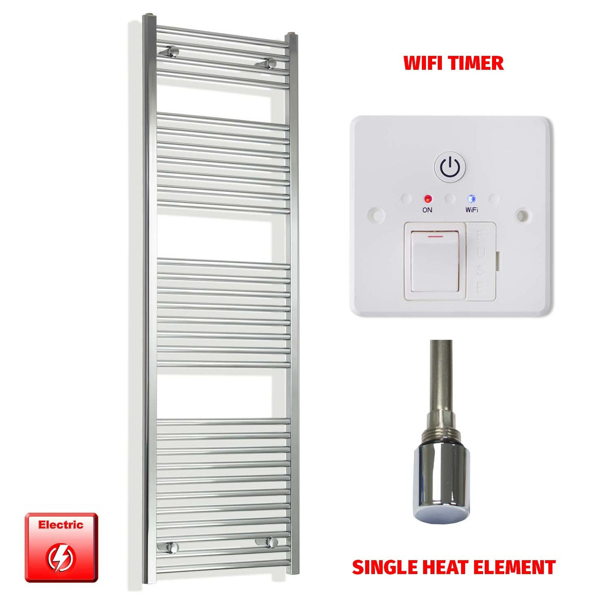1700mm High 550mm Wide Pre-Filled Electric Heated Towel Radiator Chrome HTR Single Element Wifi Timer
