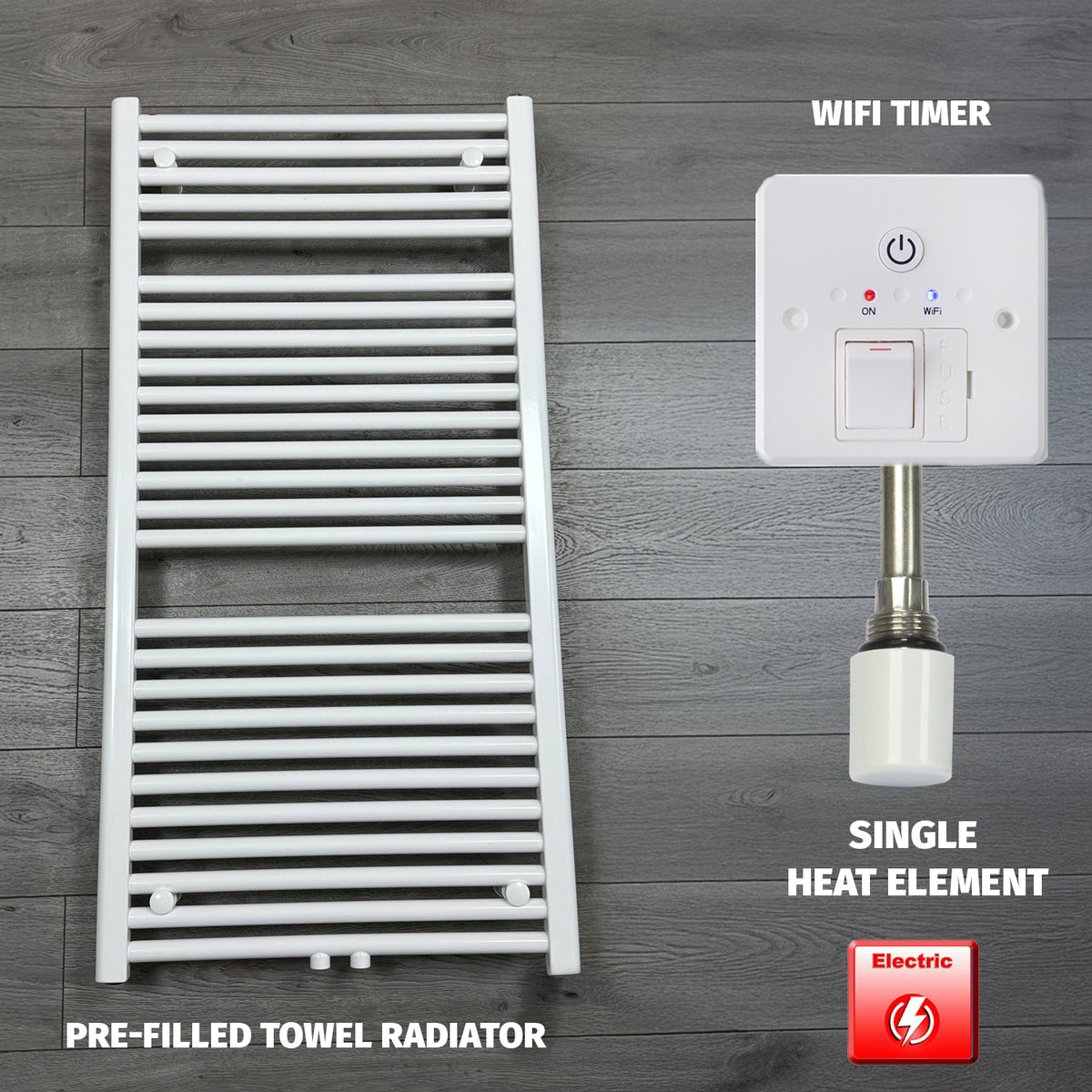 1185 x 600 Heated Towel Rail White Pre-Filled Straight