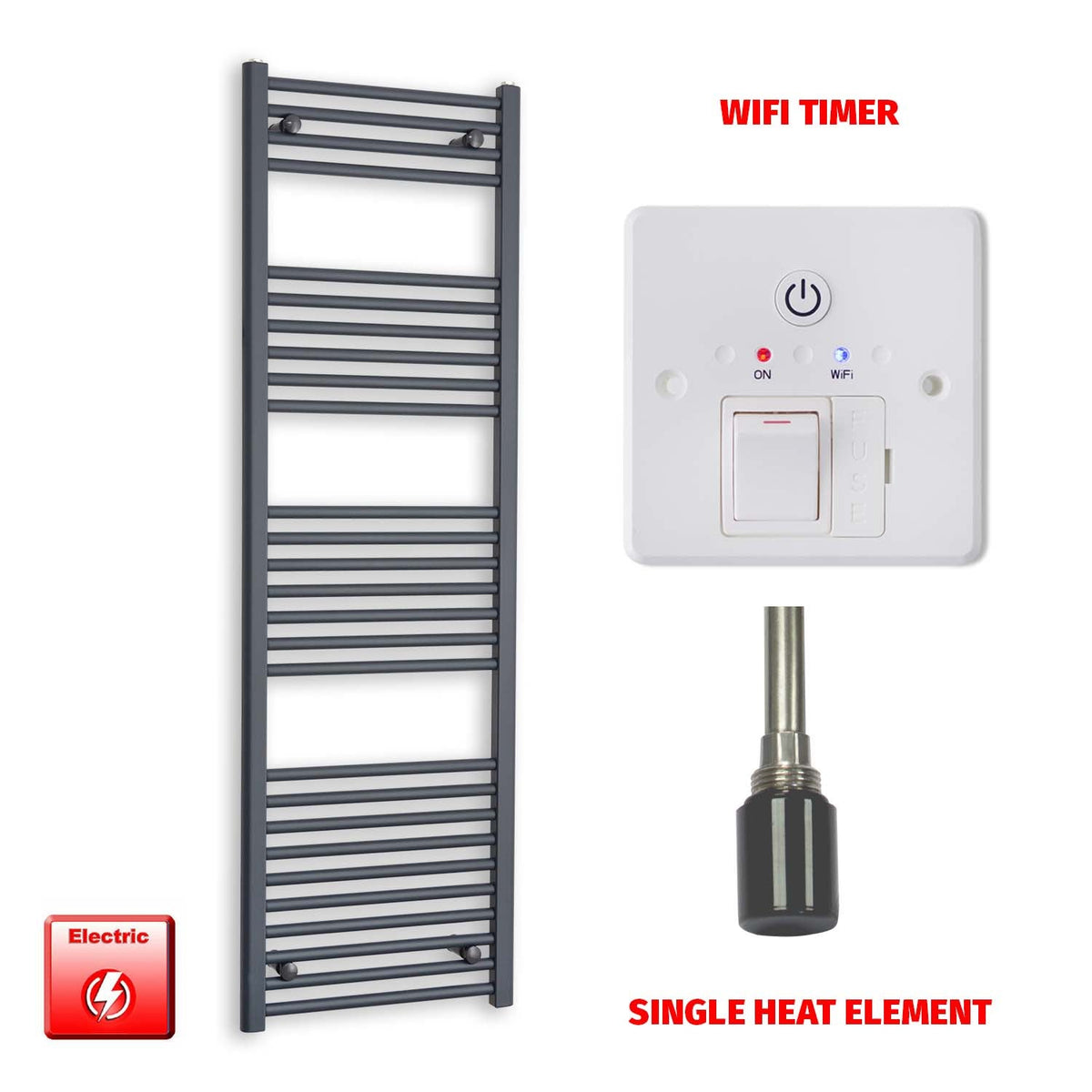 1600mm High 500mm Wide Flat Anthracite Pre-Filled Electric Heated Towel Rail Radiator HTR  Single heat element Wifi timer